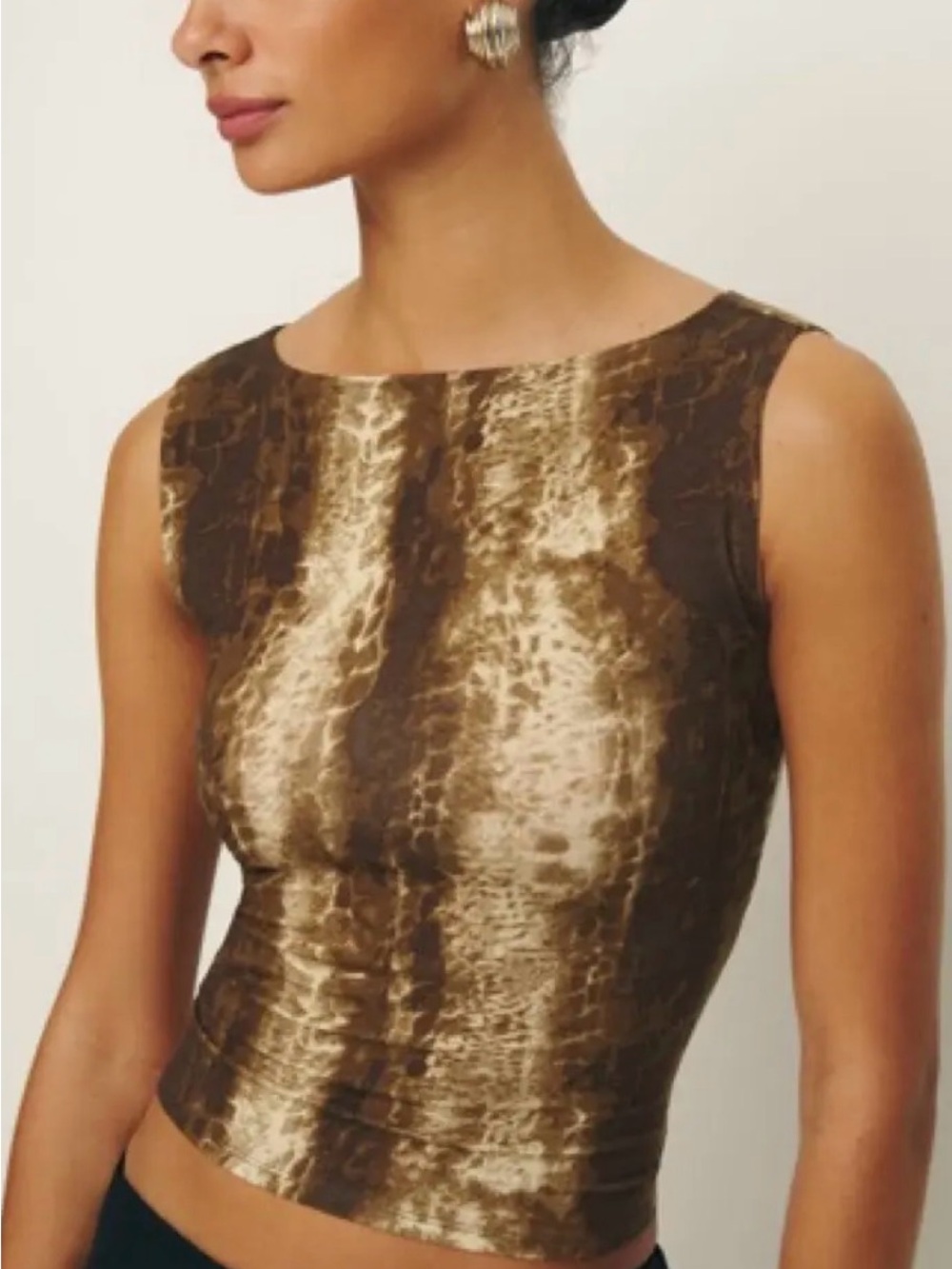 Reformation Dusk Knit Top in Anaconda Brown and Cream Crocodile Print